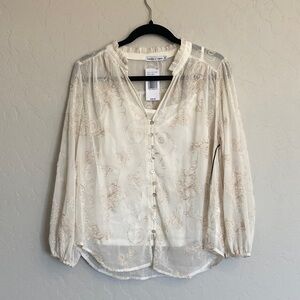 Figueroa & Flower Sheer Ivory Embroidered blouse with Tan Tank Size PL